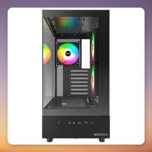 Montech XR ATX Mid-Tower Case, Black, Dual Tempered Glass, 3 ARGB Fans