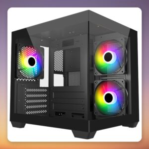 Fortron S140-BA Mini Tower Case, Black, Dual Tempered Glass, 3x ARGB Fans