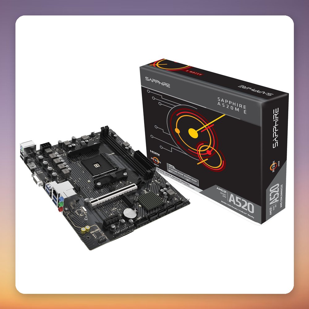 Sapphire A520M-E AM4 Micro-ATX Motherboard, AMD A520, DDR4-3200, 64 GB Max