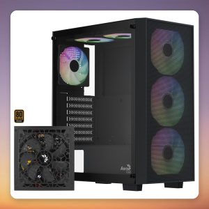 Aerocool B509A Flow-G-BK-v1 ATX Mid Tower Case with 650W 80 PLUS Bronze PSU, Black, Tempered Glass
