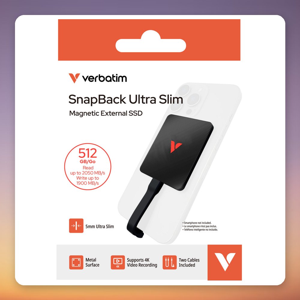 Verbatim SnapBack Ultra Slim 512 GB External SSD, USB 3.2 Gen 2x2, Black