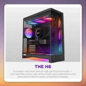 NZXT H6 (2026) All Black Mid Tower ATX Case, Dual Tempered Glass, Mesh Front