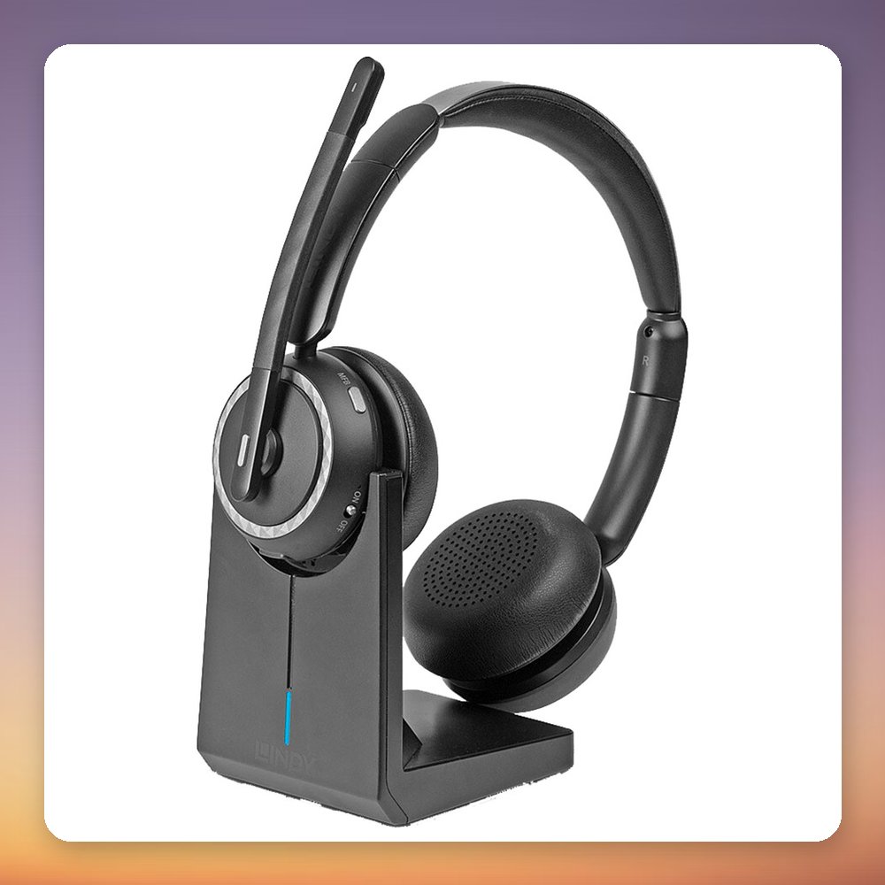 Lindy L118 Wireless Office Headset with Charging Station, Bluetooth 5.2, Black