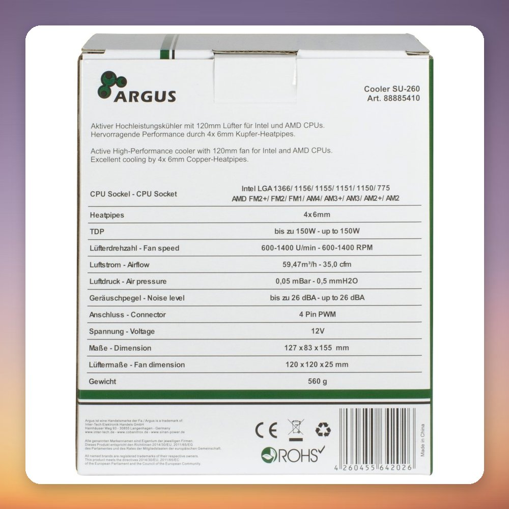Inter-Tech Argus SU-260 120 mm Single Tower CPU Cooler, 150W TDP – image 5