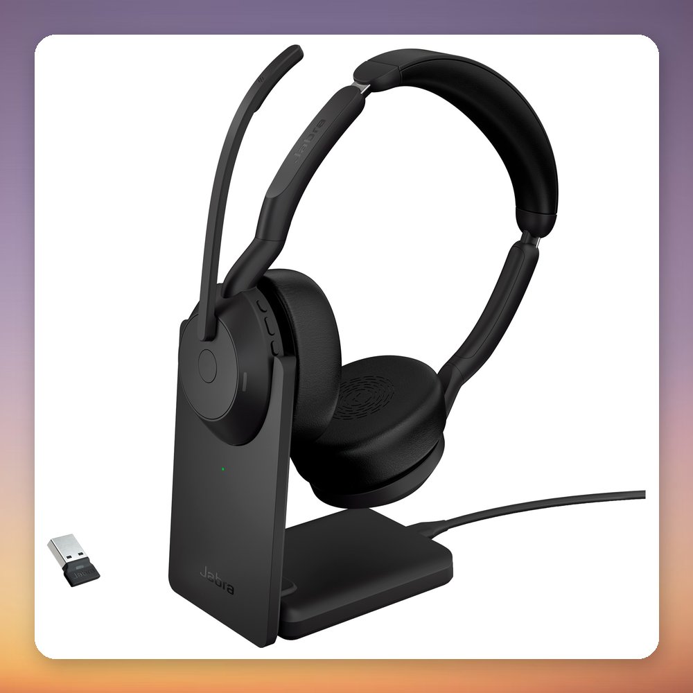 Jabra Evolve2 55 Wireless Stereo UC Headset with Charging Stand, Link380a USB-A, Black