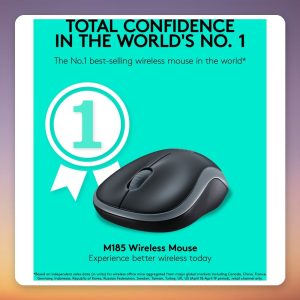 Logitech M185 Wireless Mouse, Grey, 2.4 GHz USB Receiver, 3 Buttons